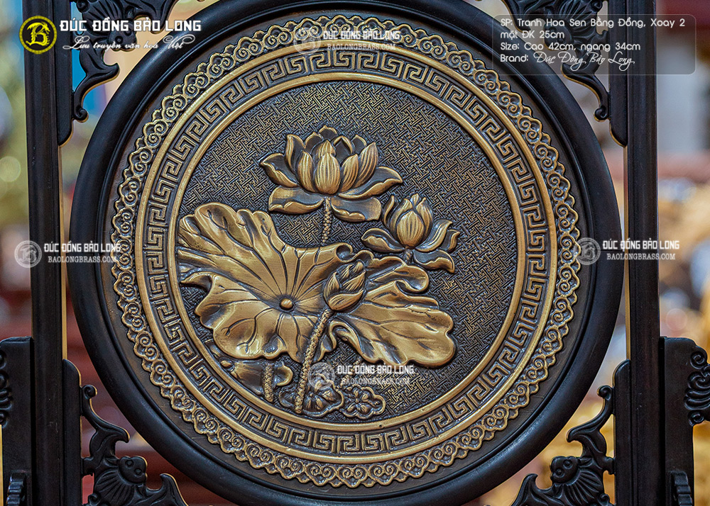 Tranh hoa sen bằng đồng để bàn xoay 2 mặt cao 42cm