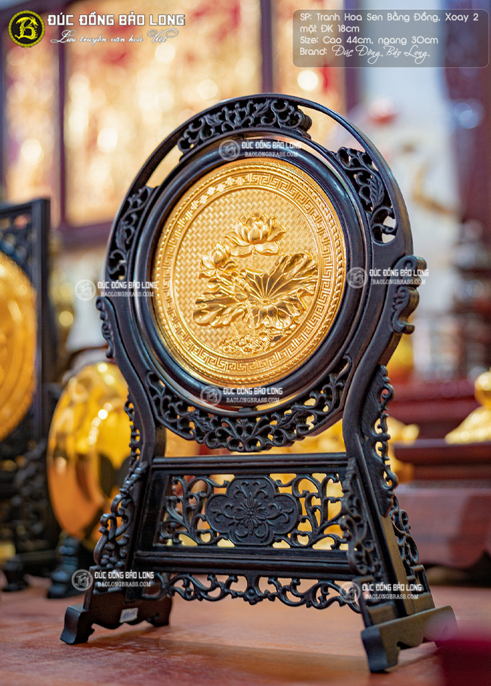 tranh Hoa Sen để bàn Mạ vàng Đk 20cm xoay hai mặt