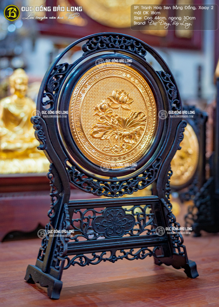 tranh Hoa Sen để bàn Mạ vàng Đk 20cm xoay hai mặt