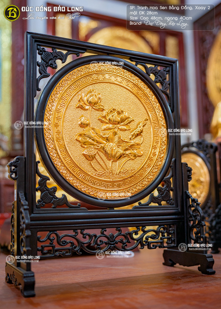 tranh Hoa Sen Mạ vàng Đk 28cm khung gỗ vuông