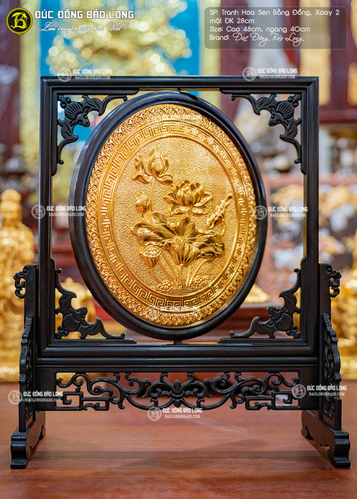 tranh Hoa Sen Mạ vàng xoay hai mặt Đk 28cm để bàn