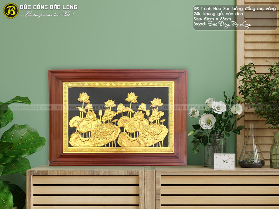 tranh Hoa Sen bằng đồng 61cm Mạ vàng 24k