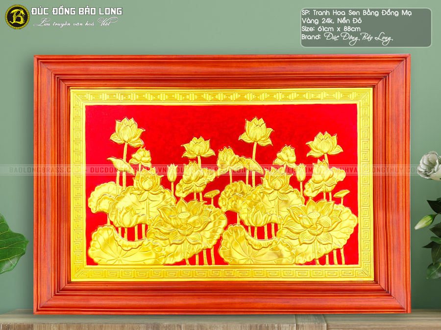 tranh Hoa Sen bằng đồng mạ vàng 61cmx88cm nền đỏ