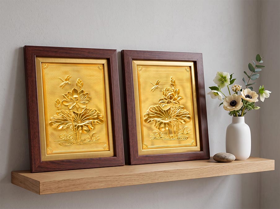 Tranh Hoa Sen bằng đồng để bàn khổ dọc 20cm x 25cm