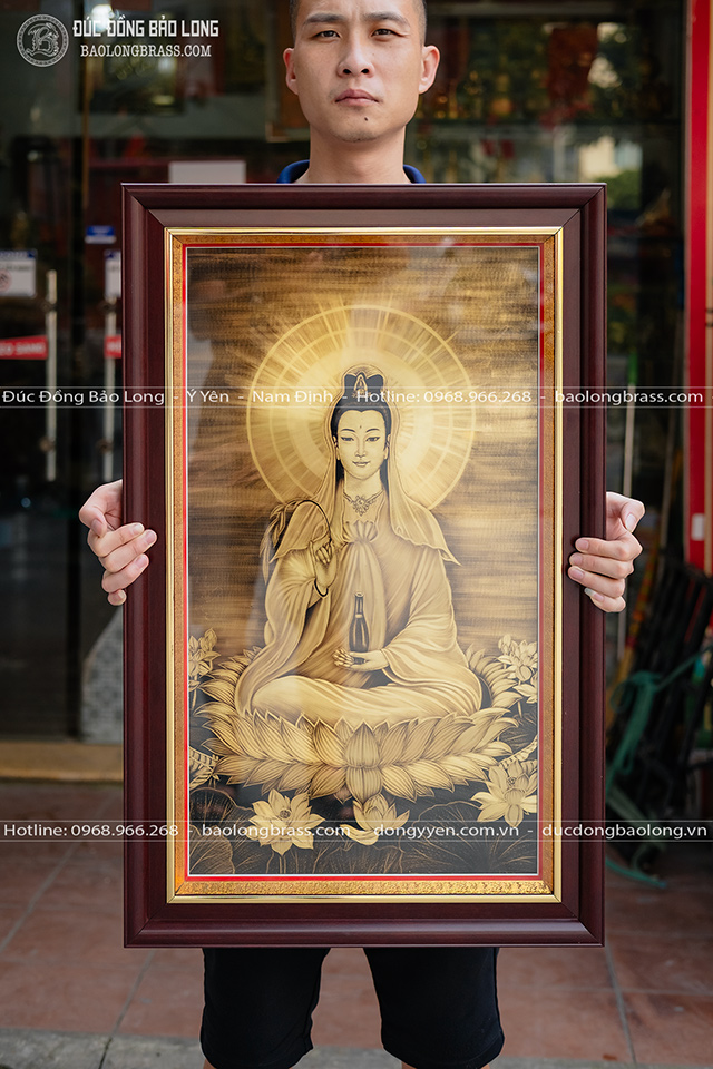 Tranh Khắc Đồng Phật Bà Quan Âm Ngồi Đài Sen Khổ 50Cm x 80Cm