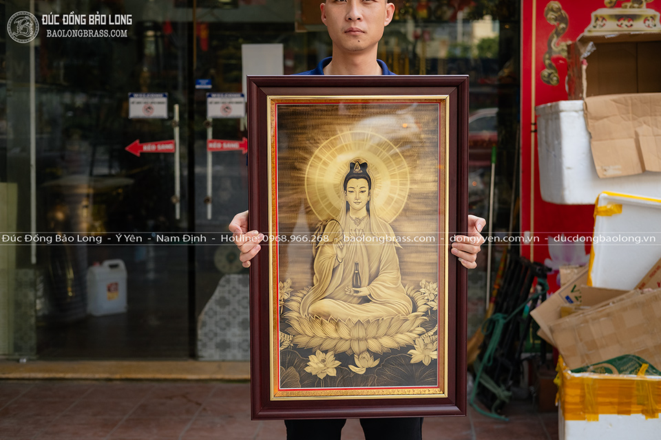 Tranh Khắc Đồng Phật Bà Quan Âm Ngồi Đài Sen Khổ 50Cm x 80Cm