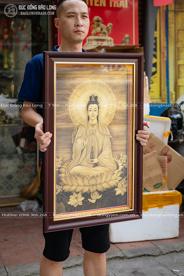 Tranh Khắc Đồng Phật Bà Quan Âm Ngồi Đài Sen Khổ 50Cm x 80Cm