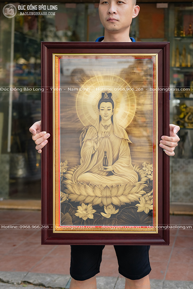 Tranh Khắc Đồng Phật Bà Quan Âm Ngồi Đài Sen Khổ 50Cm x 80Cm