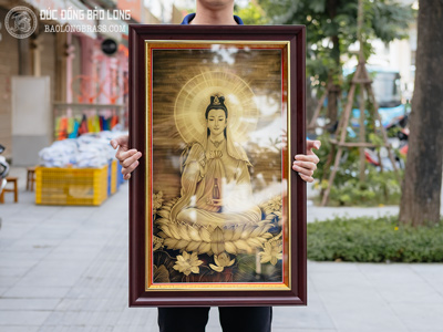 Tranh Khắc Đồng Phật Bà Quan Âm Ngồi Đài Sen  Khổ 50Cm x 80Cm