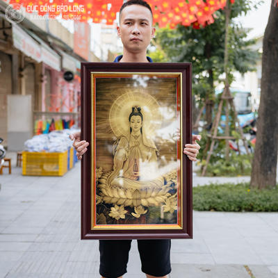 Tranh Thờ Phật Bà Quan Âm Bồ Tát Bằng Đồng Vàng Khắc Tay Khổ 50cm x 80cm