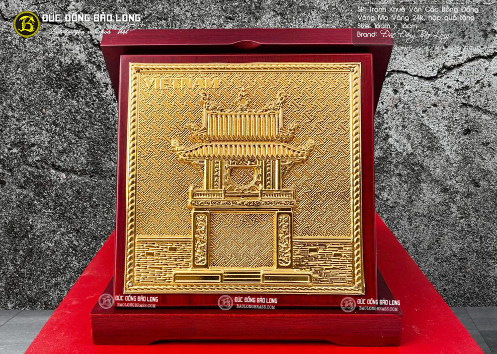 Tranh Khuê Văn Các Bằng Đồng Mạ Vàng Quà Tặng Vuông 16cm 