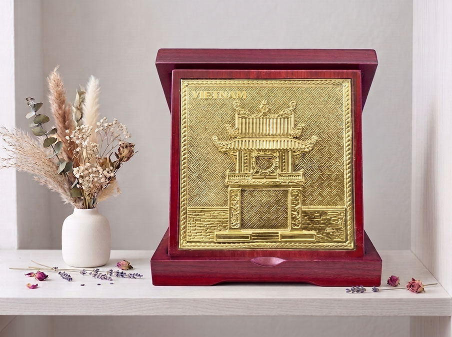 Quà Tặng Lưu Niệm Hộp Tranh Khuê Văn Các Bằng Đồng Khổ Vuông 16cm và 23cm phiên bản đồng vàng
