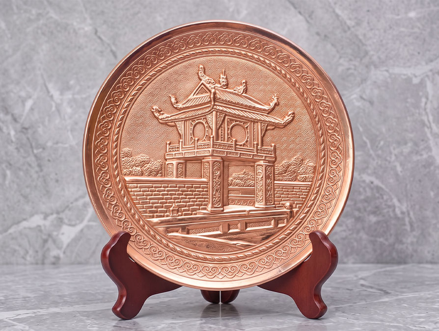 Tranh Đĩa Tròn Chùa Một Cột Để Bàn Bằng Đồng Đường Kính 20cm