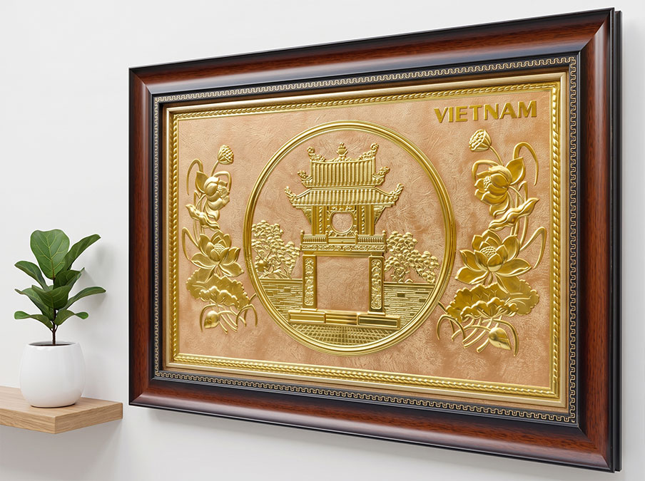 Quà Tặng Tranh Khuê Văn Các Họa Tiết Hoa Sen Bằng Đồng Khổ 38cm x 54cm