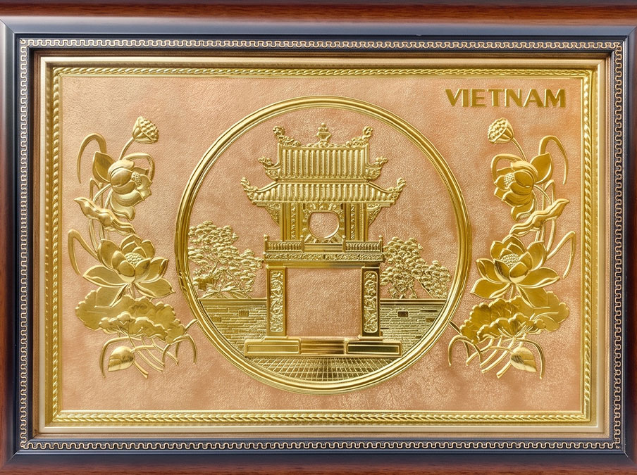 Quà Tặng Tranh Khuê Văn Các Họa Tiết Hoa Sen Bằng Đồng Khổ 38cm x 54cm