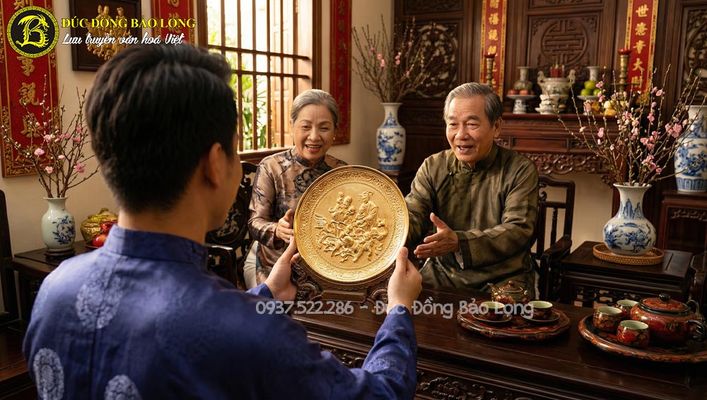 Quà tặng tranh đĩa mừng thọ cụ ông cụ bà bằng đồng mạ vàng đk 25cm