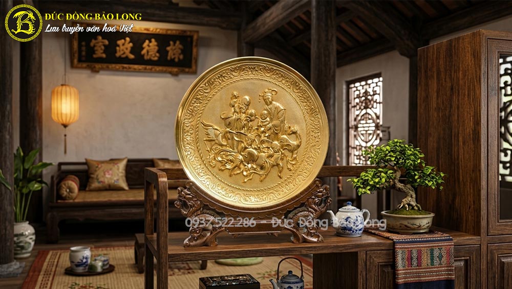 tranh đĩa mừng thọ cụ ông cụ bà bằng đồng dát vàng đk 25cm có độ hoàn thiện sắc nét
