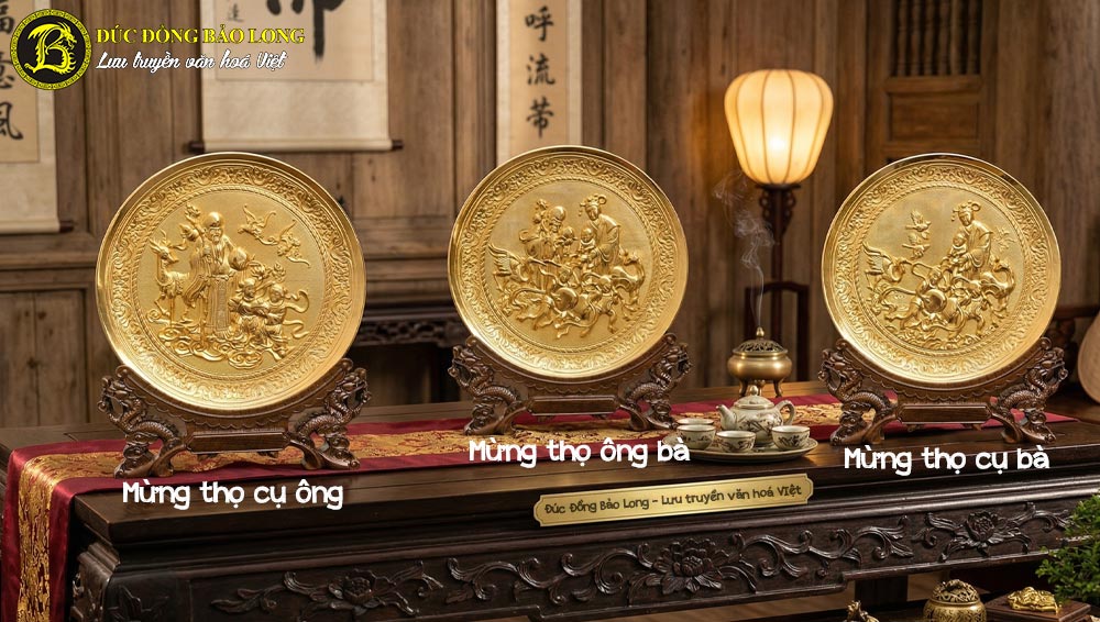 tranh đĩa mừng thọ cụ ông cụ bà bằng đồng dát vàng đk 25cm được chế tác thủ công tinh xảo