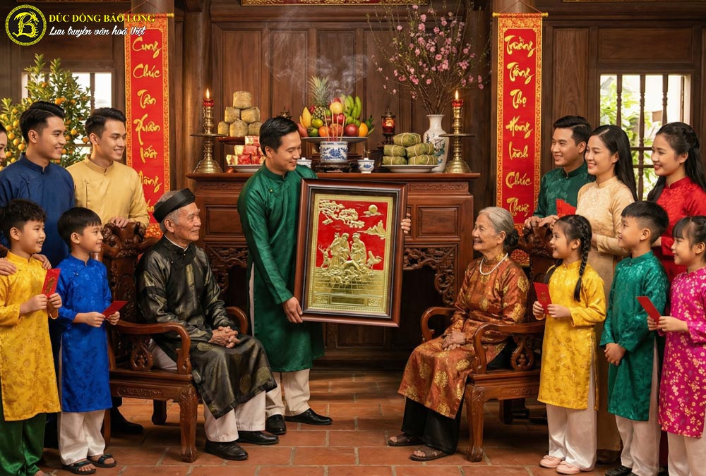 tranh đồng mừng thọ cụ ông cụ bà