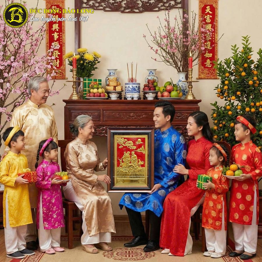 tranh đồng mừng thọ cụ ông cụ bà dát vàng