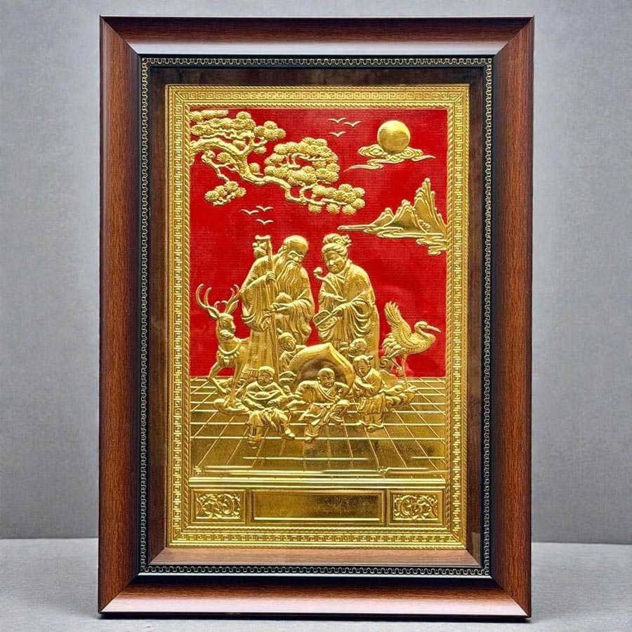 tranh đồng mừng thọ ông bà dát vàng