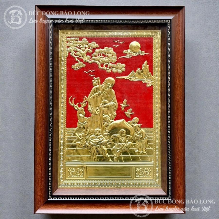 tranh đồng mừng thọ cụ ông dát vàng