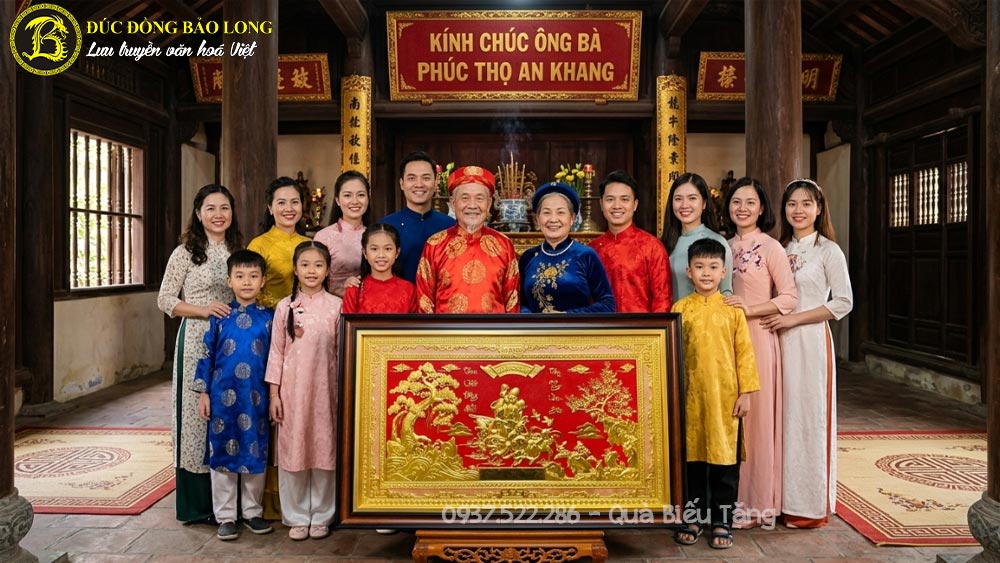 tranh đồng mừng thọ cụ ông cụ bà dát vàng 1m07 x 68cm