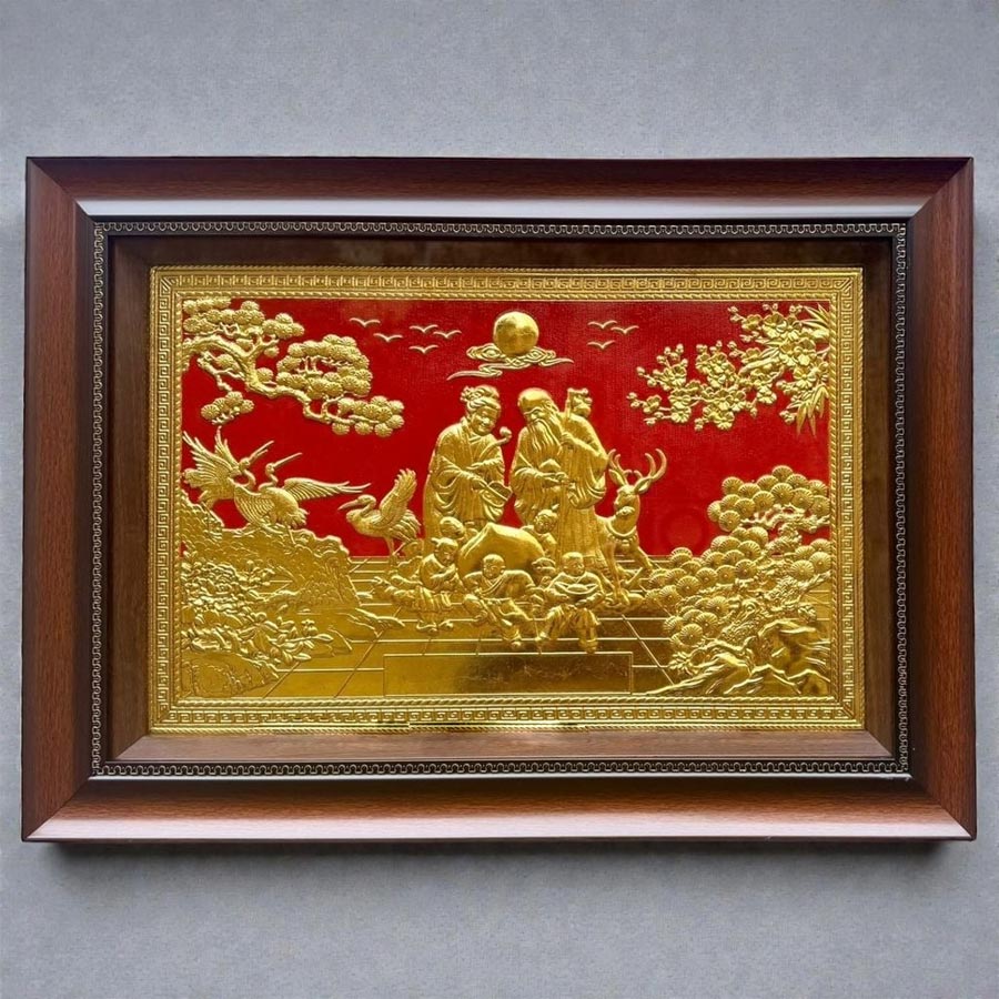 tranh đồng mừng thọ ông bà dát vàng