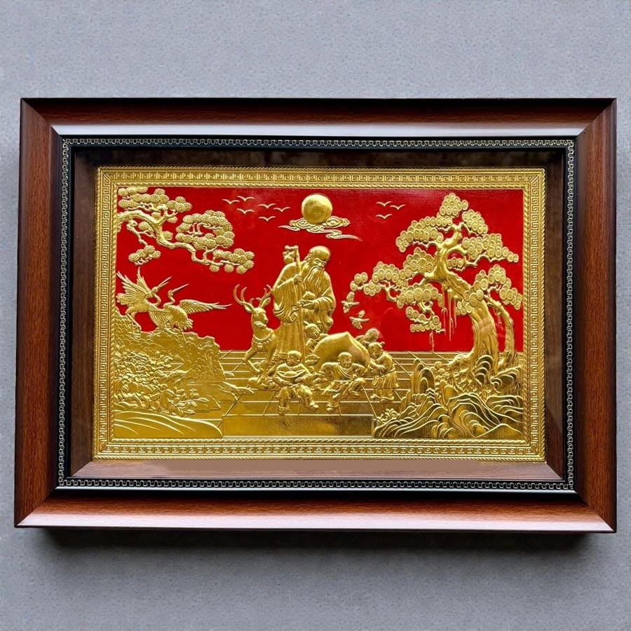 tranh đồng mừng thọ cụ ông dát vàng