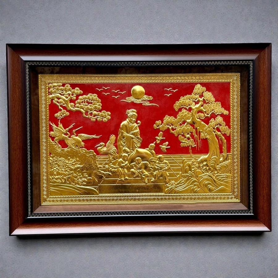 tranh đồng mừng thọ cụ bà dát vàng