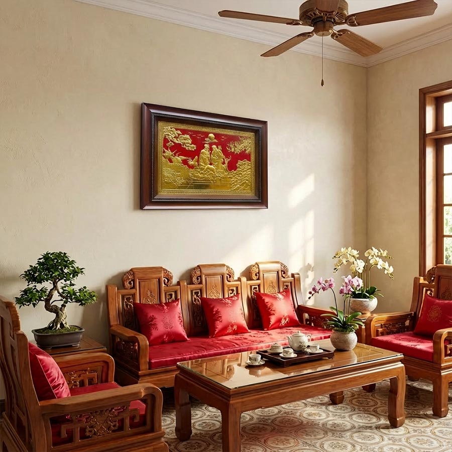 Tranh đồng mừng thọ cụ ông cụ bà dát vàng