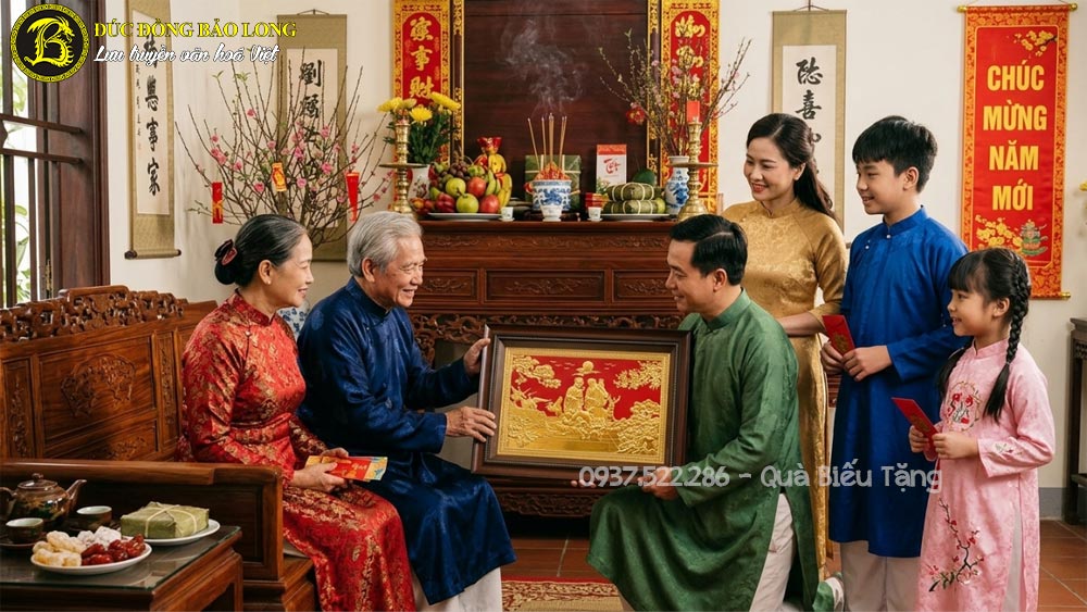 tranh đồng mừng thọ cụ ông cụ bà dát vàng khổ ngang