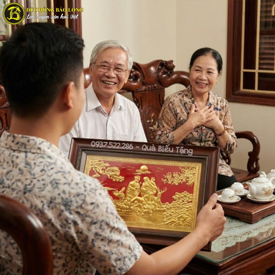 tranh đồng mừng thọ cụ ông cụ bà dát vàng khổ ngang
