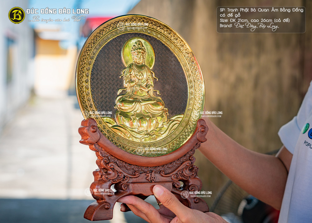 tranh Phật Bà Quan Âm đk 20cm bằng đồng khung gỗ