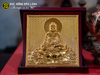 Tranh Đức Phật Bằng Đồng Mạ Vàng 24k Khung Gỗ Để Bàn Vuông 24cm