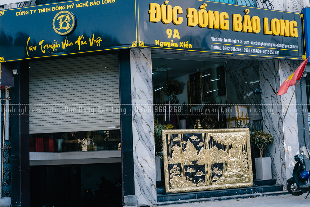 tranh Phật Thích Ca Mâu Ni ngồi thiền bằng đồng vàng Khổ 2m61 x 1m55 khung liền đồng