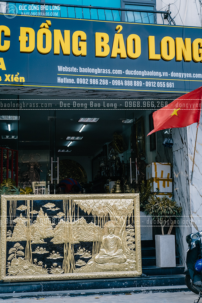 tranh Phật Thích Ca Mâu Ni ngồi thiền bằng đồng vàng Khổ 2m61 x 1m55 khung liền đồng