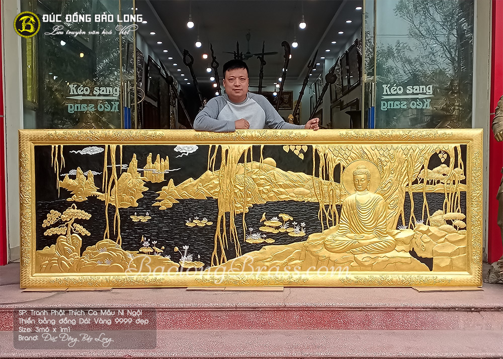 tranh Đức Phật ngồi kiết già dưới gốc bồ đề Dát vàng