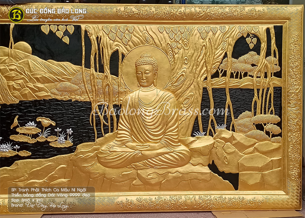 tranh Đức Phật ngồi kiết già dưới gốc bồ đề Dát vàng