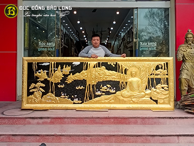 Tranh Phật Thích Ca Ngồi Thiền Bằng Đồng 3m6 x 1m1 Dát Vàng 9999