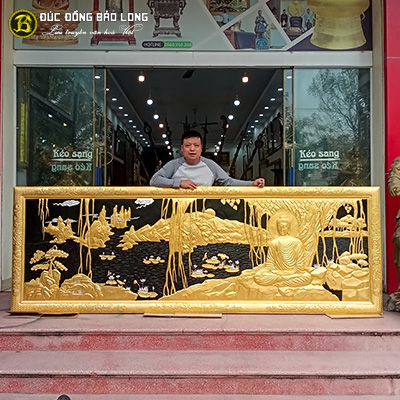 Tranh Phật Thích Ca Ngồi Thiền Bằng Đồng Dát Vàng 9999 Khổ 3m6 x 1m1