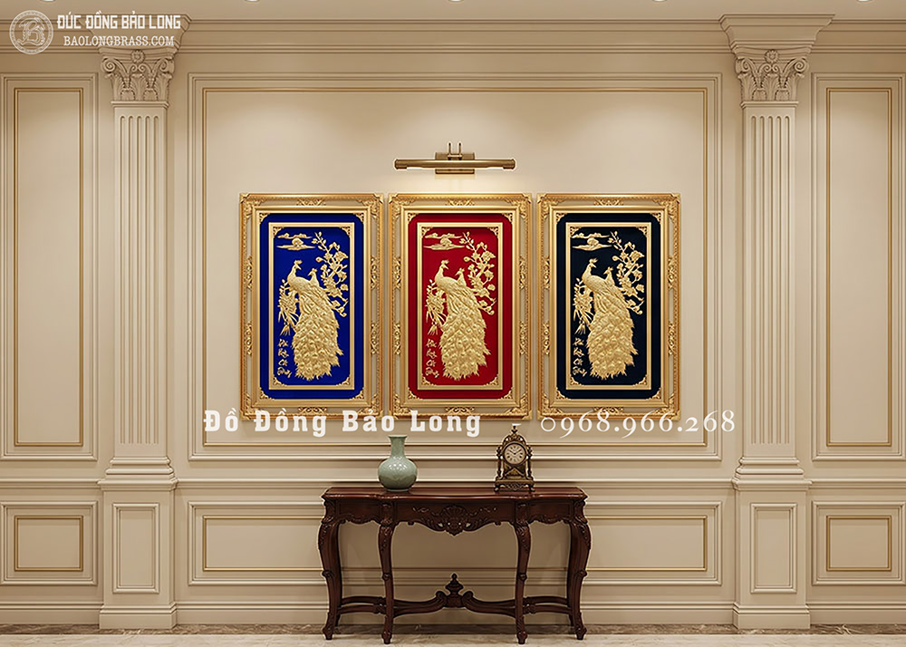 Tranh Chim Công Phú Quý Cát Tường bằng đồng mạ vàng 24K khổ 1m09 x 71cm