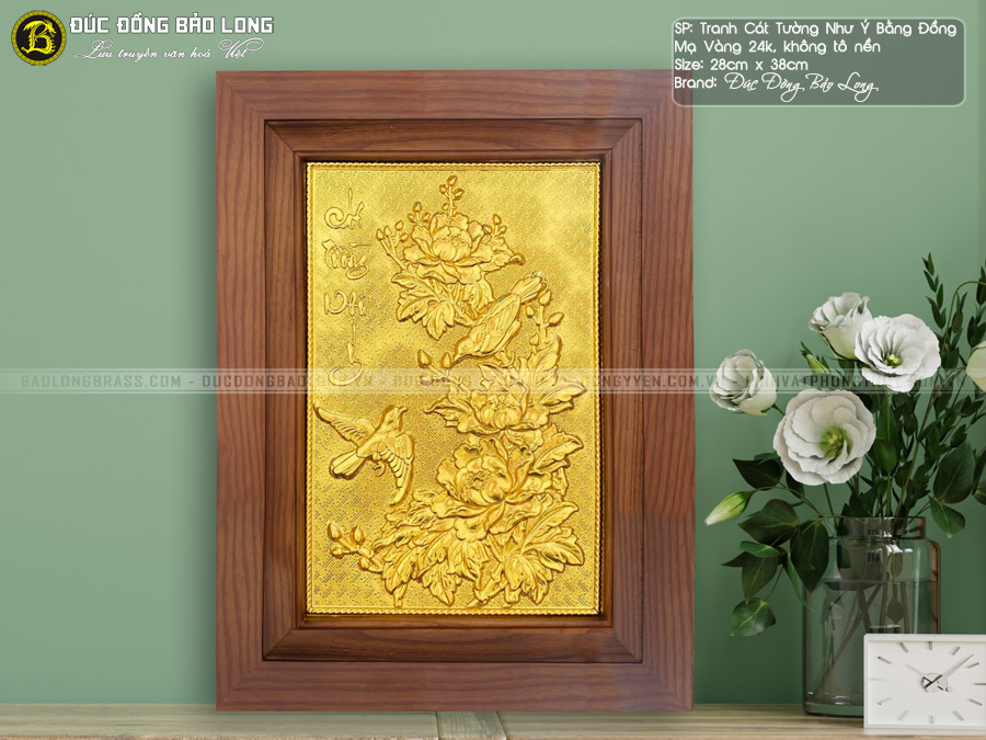 tranh cát tường như ý bằng đồng mạ vàng 24k 28x38cm