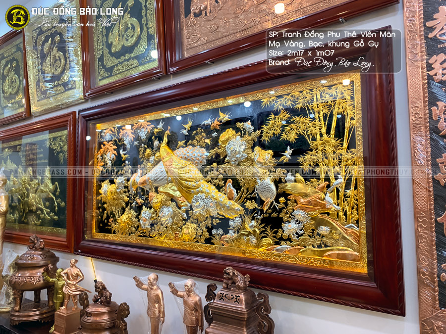 tranh Phu Thê Viên Mãn mạ tam khí khung gỗ gụ 2m17x1m07