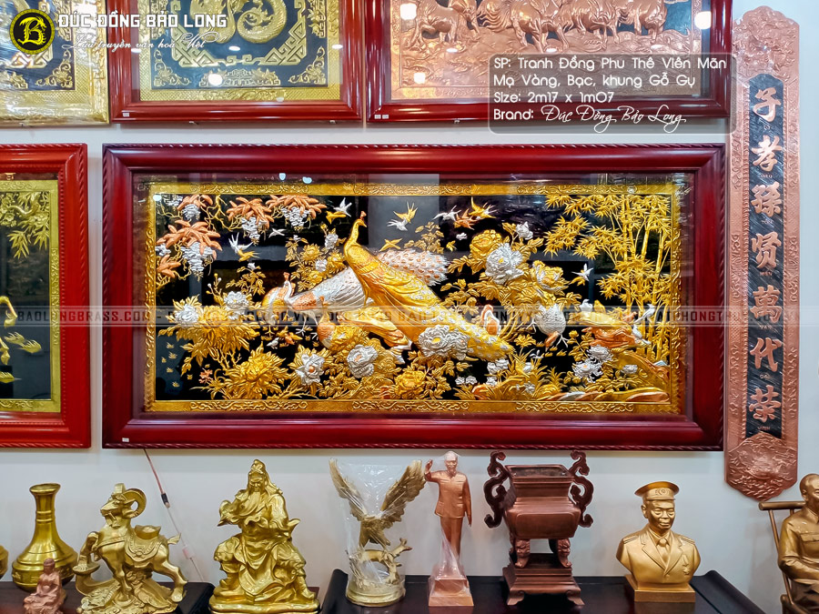 tranh Phu Thê Viên Mãn mạ tam khí khung gỗ gụ 2m17x1m07