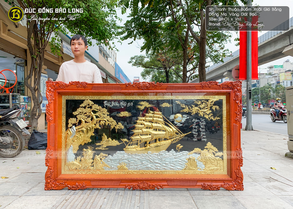 Tranh Thuận Buồm Xuôi Gió dát vàng, dát bạc 2m01x1m1  khung gỗ hương
