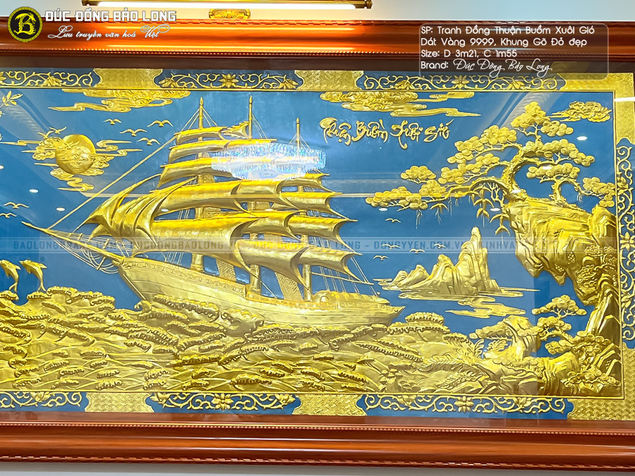 tranh thuyền buồm khung gỗ gõ đỏ dát vàng 9999 khổ 3m09x1m2