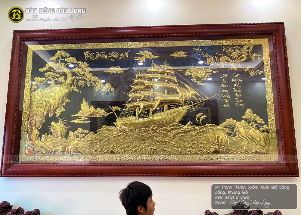 Tranh Thuận Buồm Xuôi Gió bằng đồng 3m21x1m76 khung gỗ hương