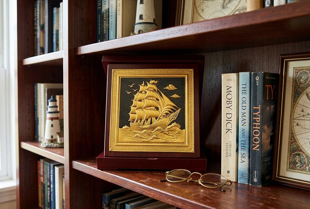 Hộp Tranh Quà Tặng Thuận Buồm Xuôi Gió Bằng Đồng Dát Vàng KT 18cm