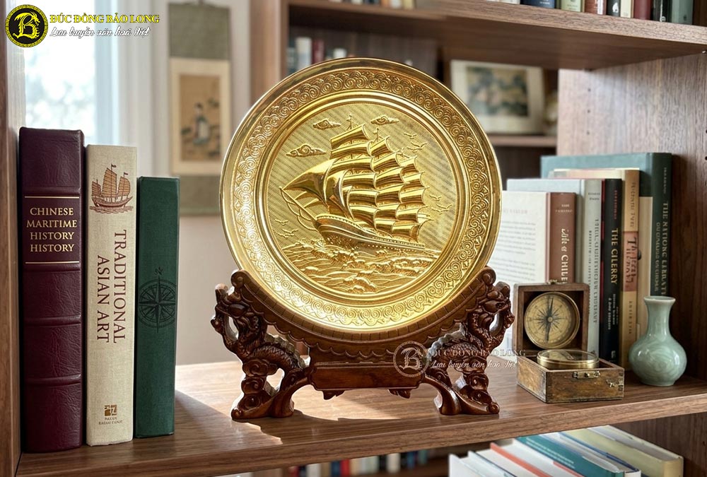 Quà Tặng Đĩa Thuận Buồm Xuôi Gió Bằng Đồng Mạ Vàng ĐK 19cm